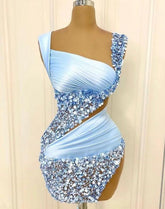 Sparkly Satin Sheath Short Prom Dress Blue Evening Gown